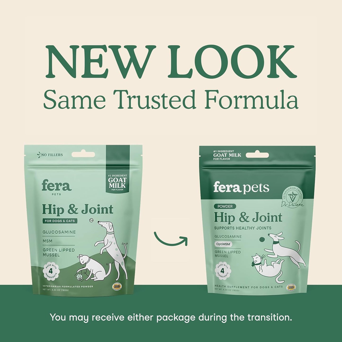 Fera Pets Goat Milk - Cat & Dog Hip and Joint Support with Glucosamine, MSM & Green Lipped Mussel - Supports Flexibility, Mobility & Bone Health - for Picky Eaters - 60 TSP