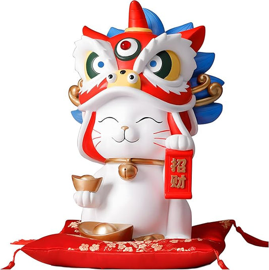 Lucky Cat Waving Arm Resin Statue, 11x7.1x6.3in Maneki Neko Fortune Cat Coin Bank Chinese Lion Dance Figurine for Store Opening Home Office Desk Decor White Waving Cat Ornament