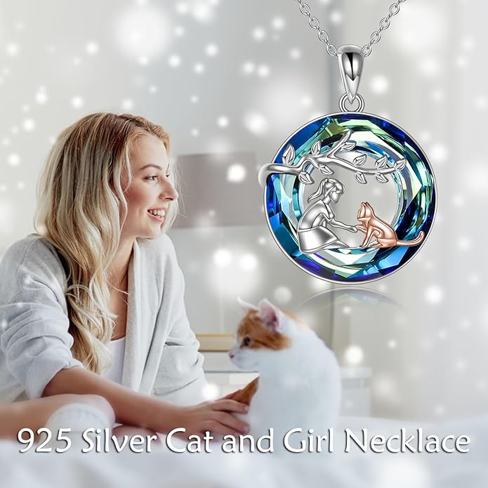 Cat Necklace Sterling Silver Cat with Women Pendant Crystal Jewelry Cat Lover Gifts for Women
