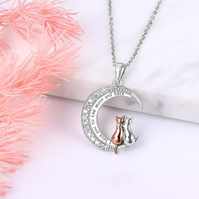 Odinstone Cat Necklace, S925 Sterling Silver Cat on Moon Pendant with Cubic Zirconia, Cat Jewelry Mothers Day Gifts for Mum with Gift Package - I Love You Forever