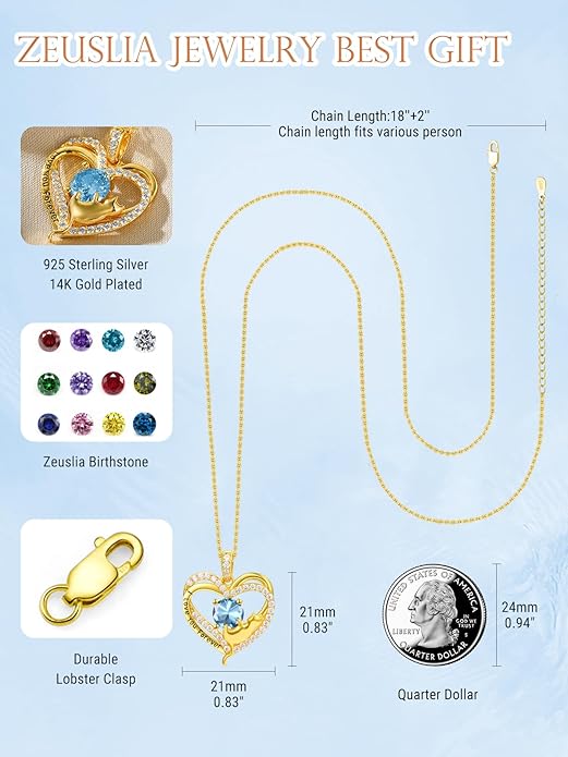 Birthstone Cat Necklaces,925 Sterling Silver Cat Necklace Heart Pendant for Women,Dainty Animal Jewelry for Her,Wedding Anniversary Birthday Gifts for Women Mom Grandma