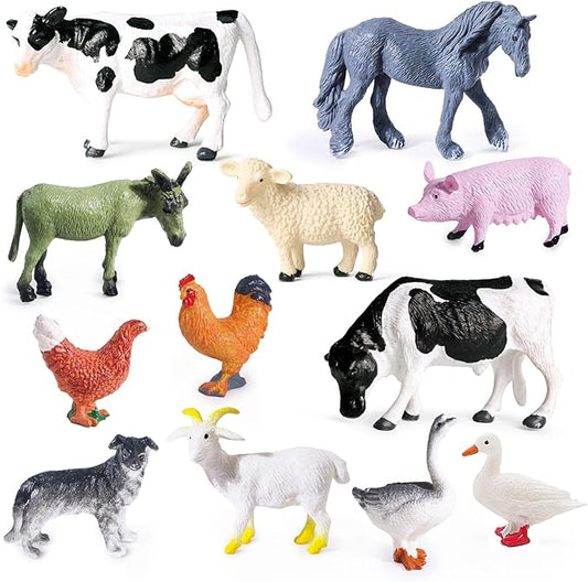 SIENON 12Pcs Mini Farm Animal Figurines, Plastic Realistic Cattle Barn Figures Toys, Miniature Farm Cake Topper Educational Learning Playset for Kids Toddlers