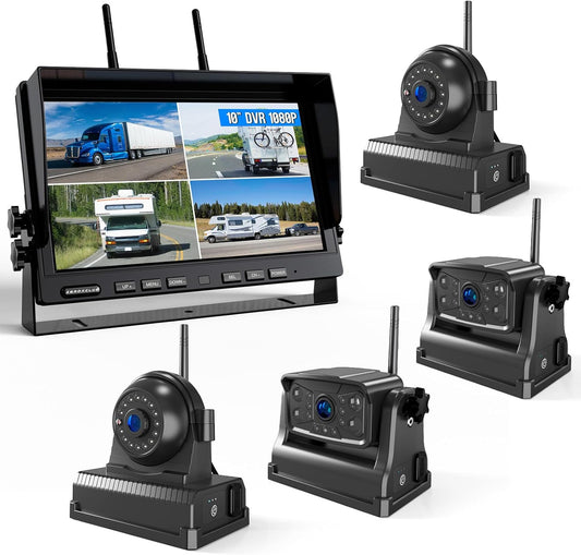 Magnetic RV Wireless Backup Camera, HD 1080P 10" Loop Recording Monitor, 2-Rear View 2-Side View Cameras Wireless System for RV Trailer Trucks, Built-in 9600mAh Battery, Night Vision- ZEROXCLUB BC104