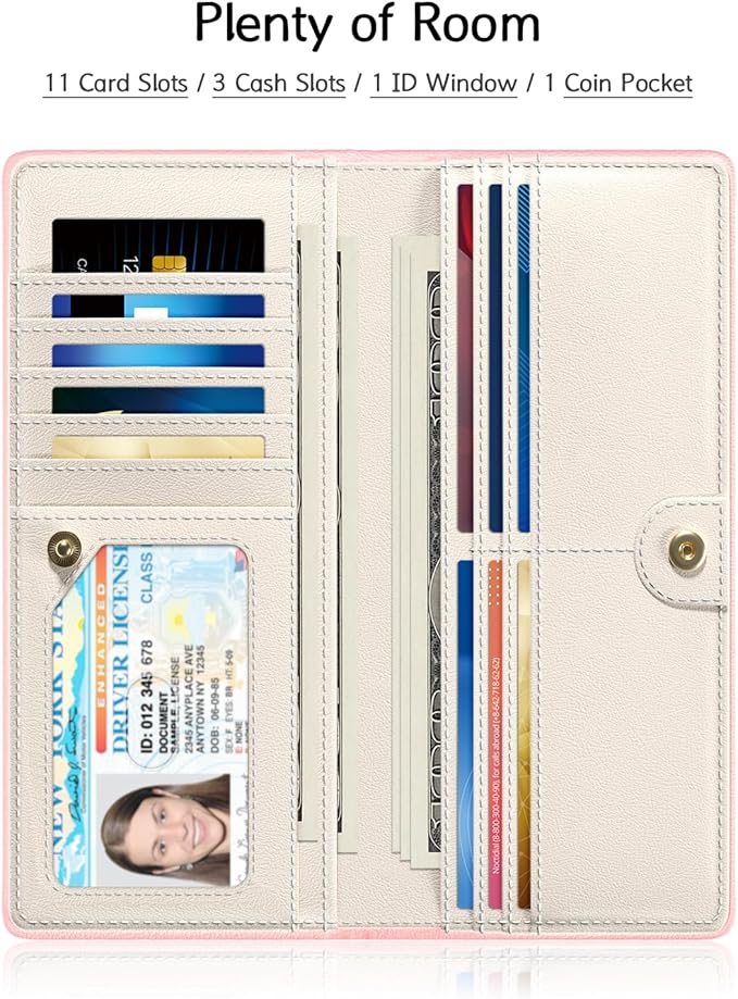 Nipichsha Womens Wallet, RFID Slim Wallets for Women, Thin Ladies Credit Card Holder Purse, Cute Leather Bifold Clutch Billfold with 11 Card Slots & ID Window, Pink