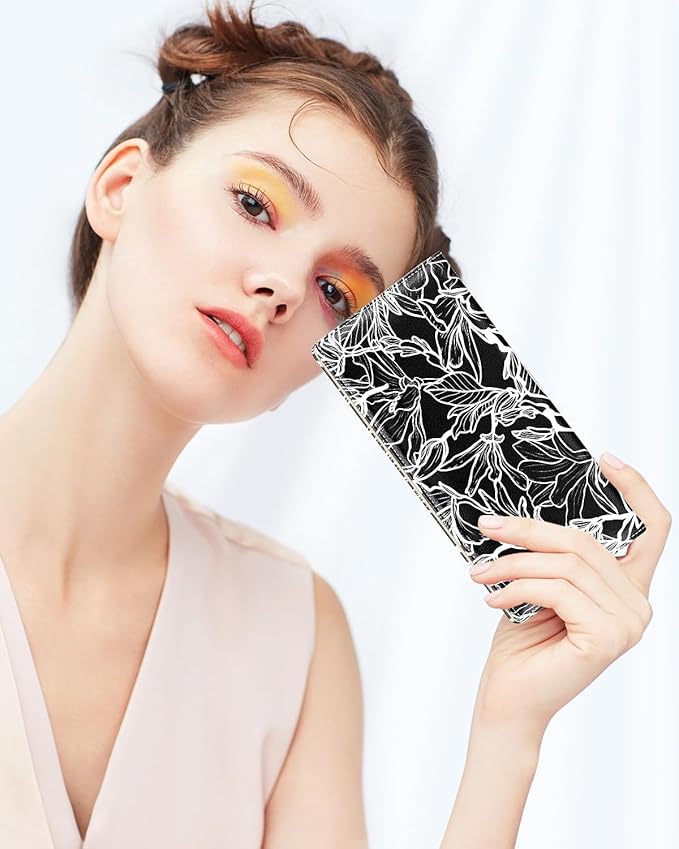 Nipichsha Womens Wallet, RFID Slim Wallets for Women, Thin Ladies Credit Card Holder Purse, Cute Leather Bifold Clutch Billfold with 11 Card Slots & ID Window, Black White Leaf