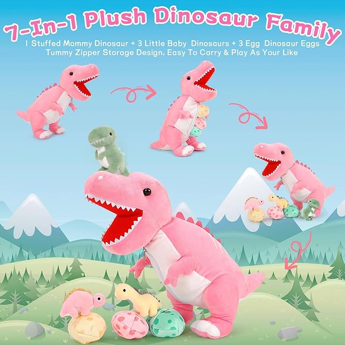 MorisMos Dinosaur Stuffed Animal with Babies,23.6'' Big Mommy Stuffed Dino T-rex with 3 Baby Dino Stuffed Toys & 3 Eggs Plush Inside Belly, Boy Girl Dinosaur Toys for Kids 3-5, Pink T-rex Toys Gift