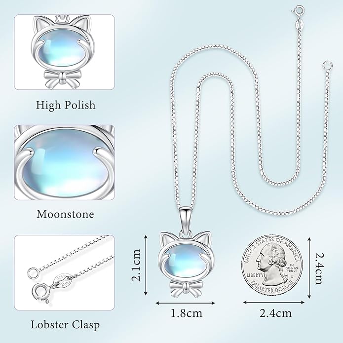 Odinstone Cat Necklace, S925 Sterling Silver Cat on Moon Pendant with Cubic Zirconia, Cat Jewelry Mothers Day Gifts for Mum with Gift Package - I Love You Forever