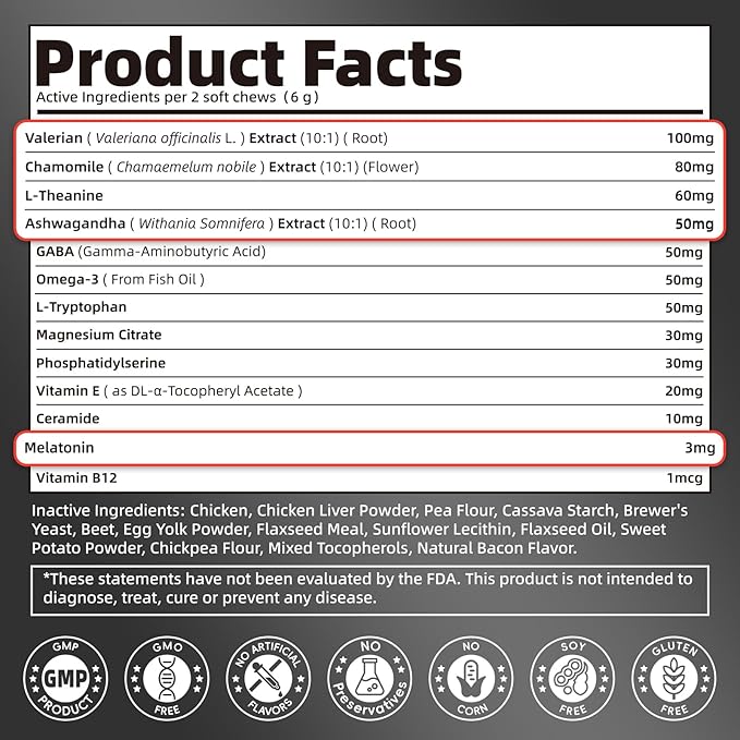 Melatonin for Dogs, Calming Chews with Valerian Root & L-Theanine for Sleep Aid & Emotional Support, Calming Treats for Stress Anxiety Relief - Thunder, Fireworks, Barking, Bacon Flavor, 60Ct