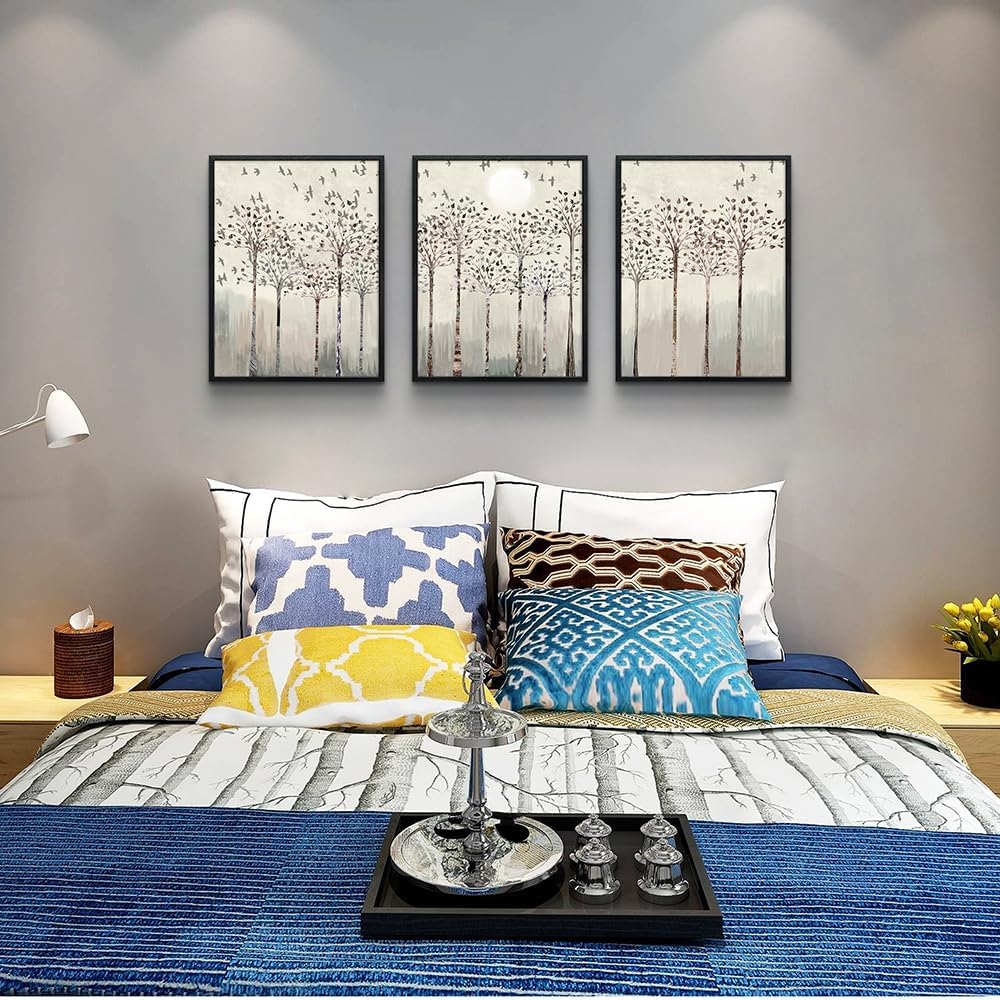 Black Framed Wall Art for Living Room Bedroom Wall Decor office Wall Decorations trees and birds Abstract Wall Paintings Sunrise and sunset Wall Pictures Artworks Modern 3 Piece Framed Prints Art