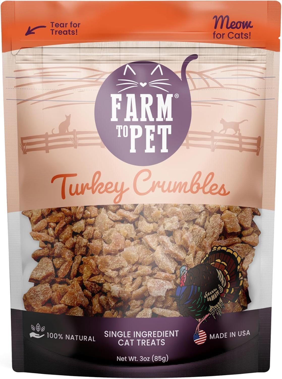 Farm To Pet - Cat Treat Crumbles - 3 oz Single Ingredient Turkey Cat Treats or Snacks - Healthy for Indoor Cats and Kitten- Essential Products (Mix with Wet or Dry Food)