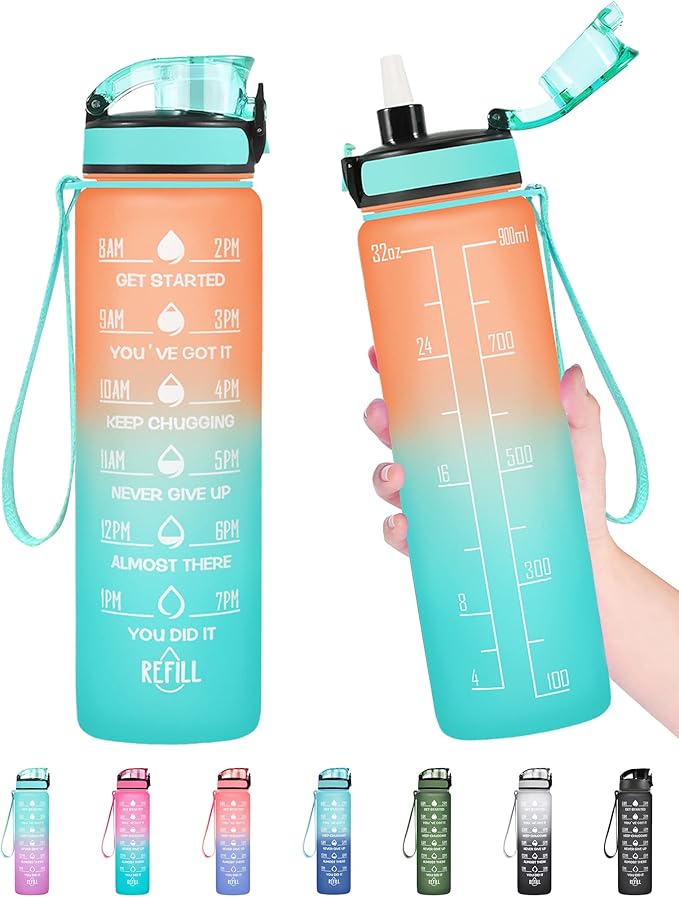 Enerbone Water Bottle, Leakproof BPA & Toxic Free, Motivational Water Bottle with Times to Drink and Straw, Fitness Sports Water Bottle with Strap for Office, Gym, Outdoor Sports
