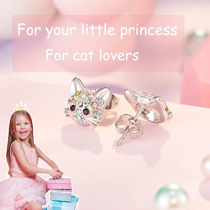 Lanqueen Cute Cat Stud Earrings for Girls Hypoallergenic Cat Cubic Zirconia Earrings for Women Teens Girls