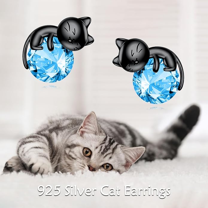 Sterling Silver Birthstone Black Cat Stud Earrings - Cat Birthstone Earrings for Women's Birthday Gift