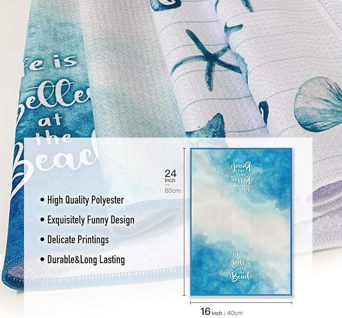 Life is Better at The Beach Saying Kitchen Towels,Funny Joked Dishcloth,16 * 24inch Stylish Hand Rags, Microfiber Bar Towel,Ideal Gifts for Women Hostess New Home Mom Women Housewarming-Blue