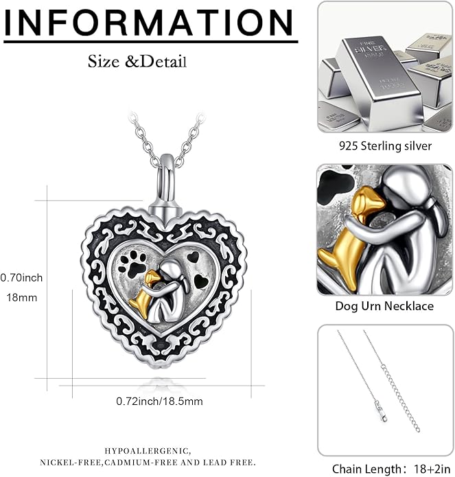 JUSTKIDSTOY Dog/Cat/Hummingbird Urn Necklace for Ashes S925 Sterling Silver Heart Cremation Jewelry Keepsake Memorial for Women