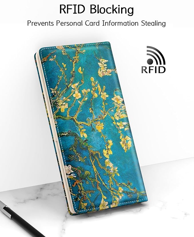 Nipichsha Womens Wallet, RFID Slim Wallets for Women, Thin Ladies Credit Card Holder Purse, Cute Leather Bifold Clutch Billfold with 11 Card Slots & ID Window, Van Gogh Almond Tree