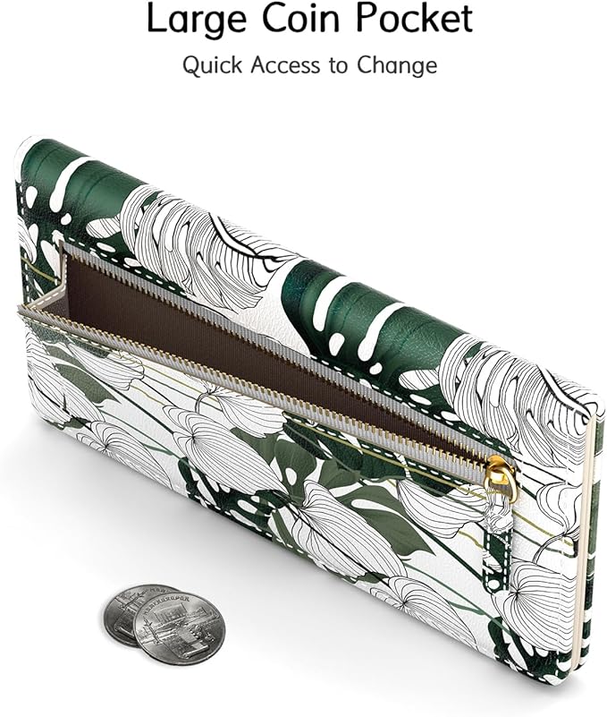 Nipichsha Womens Wallet, RFID Slim Wallets for Women, Thin Ladies Credit Card Holder Purse, Cute Leather Bifold Clutch Billfold with 11 Card Slots & ID Window, Monstera Deliciosa