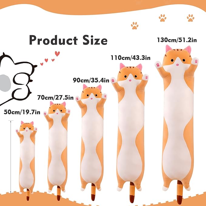 Long Cat Plush Pillow, 27.6in Cute Cat Plushie Stuffed Animals Body Pillow, Yellow Kawaii Kitten Soft Plushie Doll Toy Birthday Gift for Kids Girlfriend