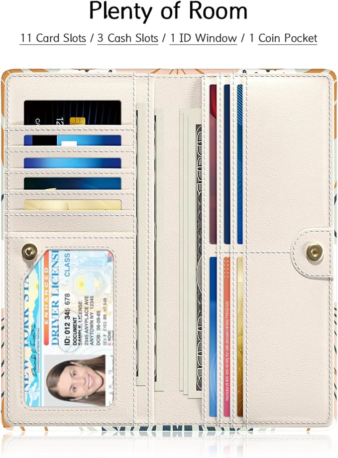 Nipichsha Womens Wallet, RFID Slim Wallets for Women, Thin Ladies Credit Card Holder Purse, Cute Leather Bifold Clutch Billfold with 11 Card Slots & ID Window, Boho Leaves