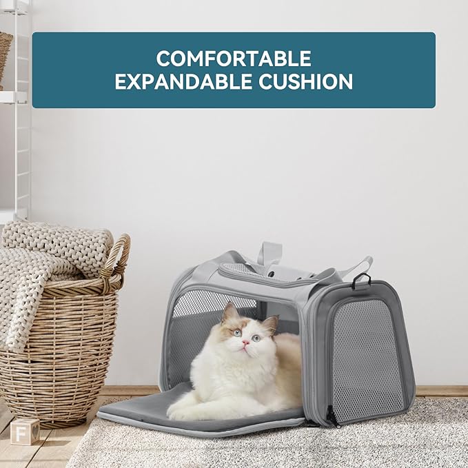 PETSFIT Cat Carrier Airline Approved, Soft Carrier for Small and Medium Cats Under 12 Lbs, Soft Cat Travel Bag, Kitten Carrier with Extendable Mat, Grey