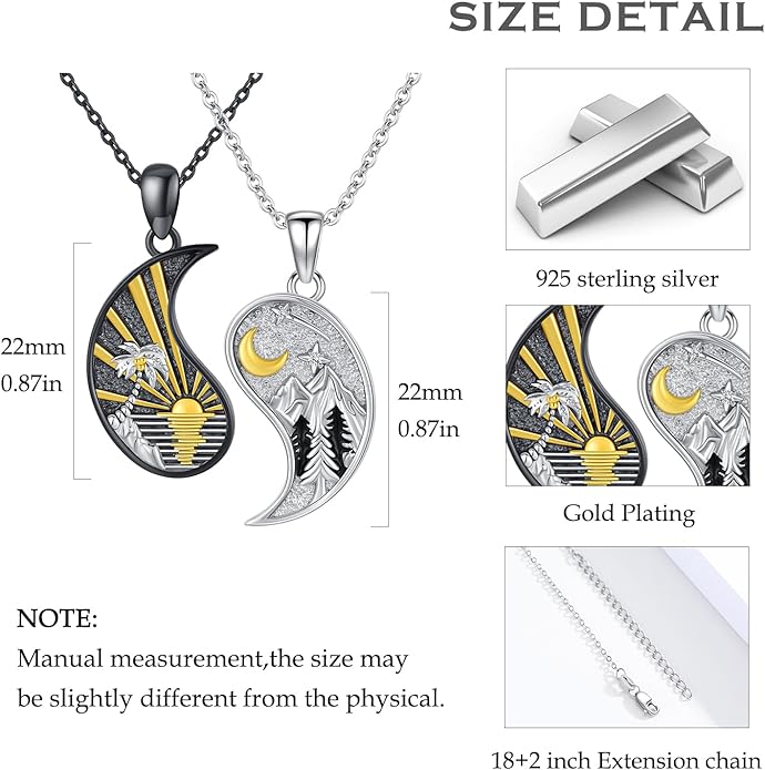 Yin Yang Matching Jewelry Set 925 Sterling Silver Yin Yang Friendship Couples BFF Pendant Necklace Jewelry for Her Him Women Men