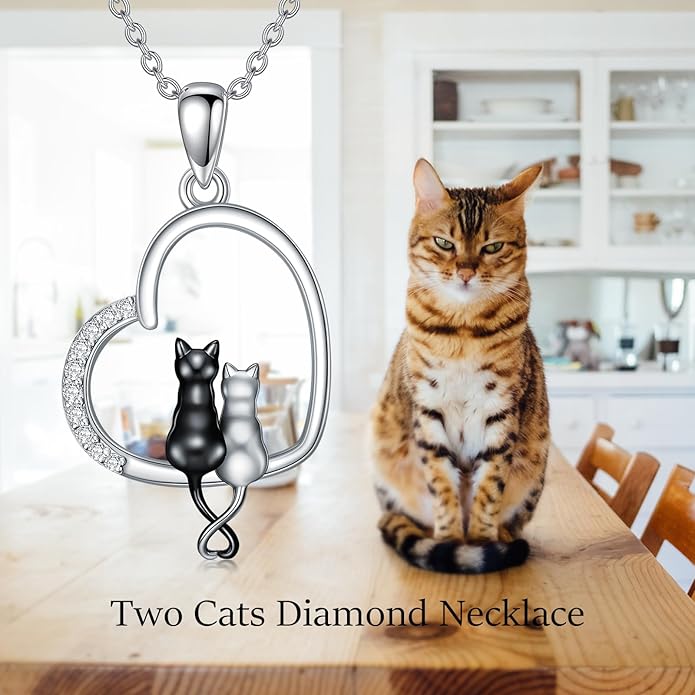 Diamond Black Cat Necklace for Women 925 Sterling Silver Cat on Moon Necklace Pendant Black Cat Jewelry Gifts for Women Mom Wife Girlfriend Daughter Girls