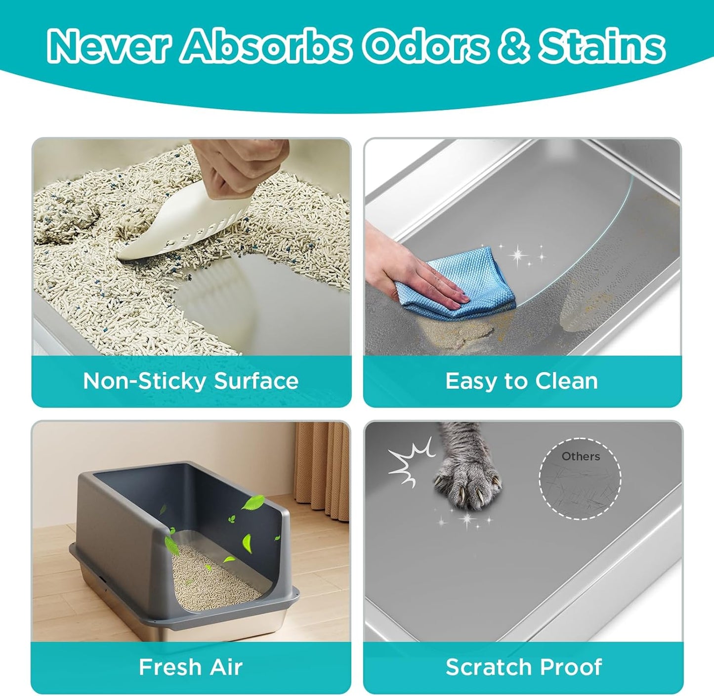 LIHONG Stainless Steel Litter Box with Lid, XL Metal Cat Box for Indoor Cats, Enclosure Cat Litter Pan for Large Cats, Non-Sticky Large Kitty Litter Box, Anti-Leakage, 23.5" X 15.5" X 16"