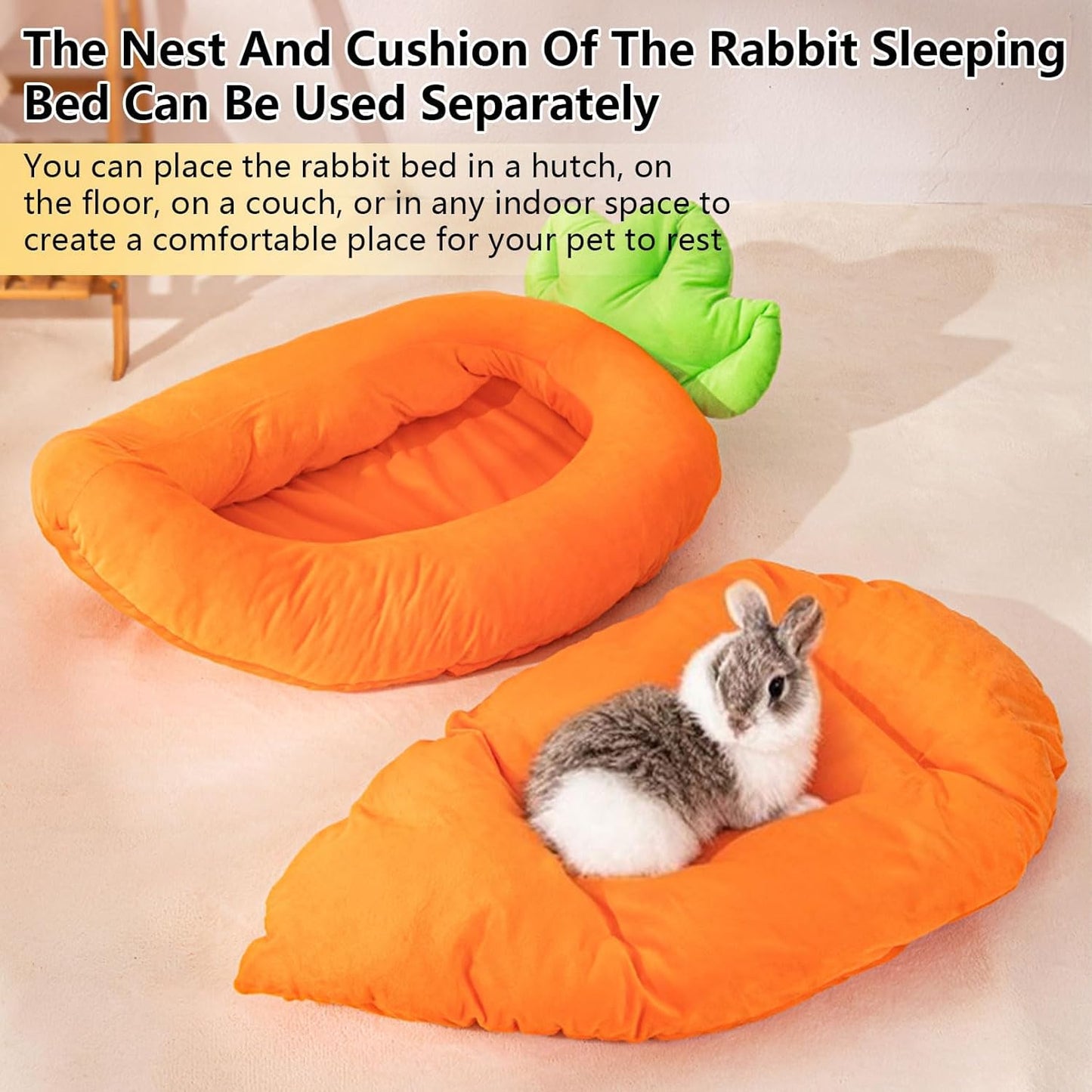 Rabbit Bed,Thick&Soft Bunny Bed with Removable Cushion,Machine Washable with Rattan Mat & Heart Decor,Cozy Warm Small Animal Sleeping Beds (Carrot Shape-L)