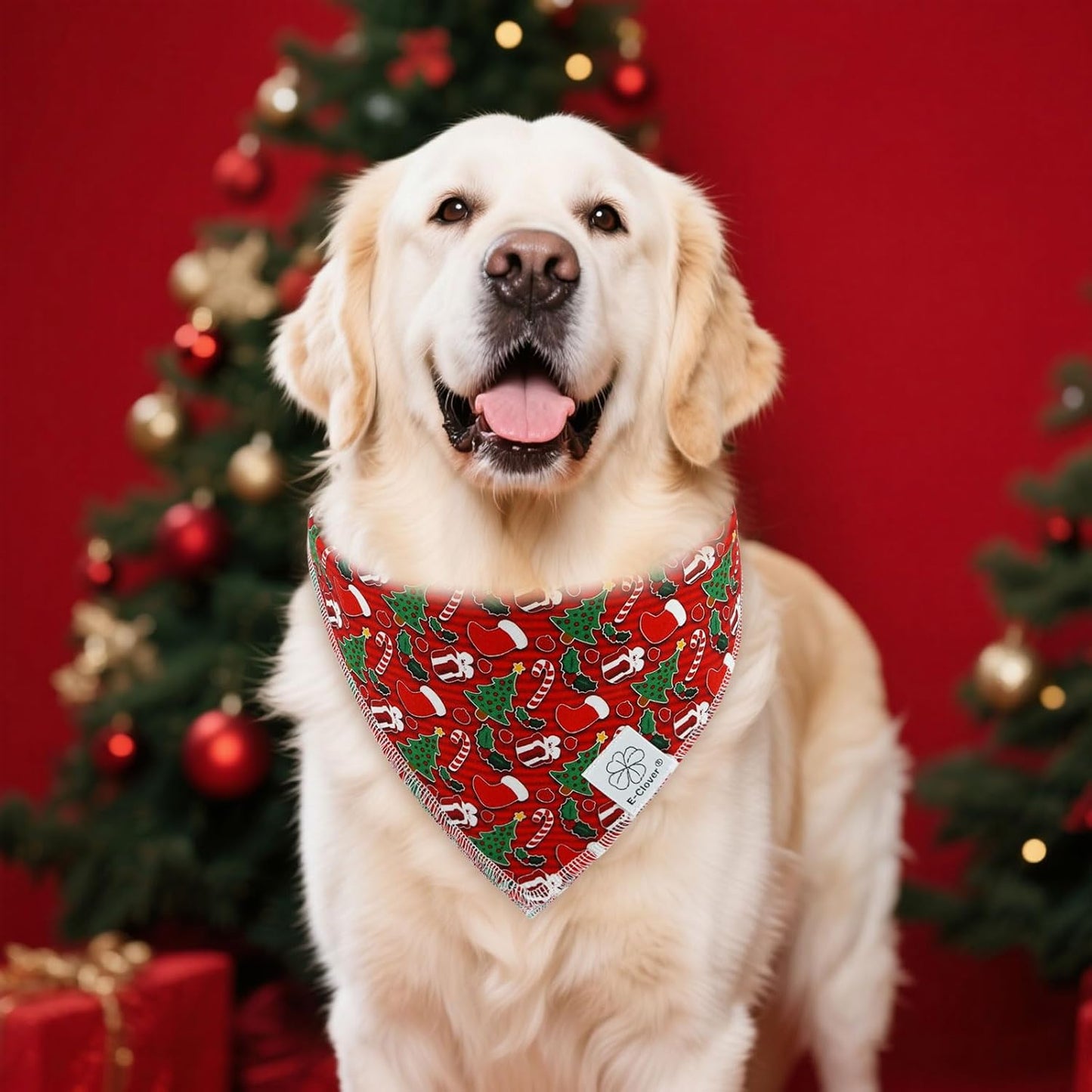 E-Clover Christmas Dog Bandanas & Matching Scrunchie Set Green Red Dog Scarf Bibs Pet Bandana with Bow Tie for Small Dogs Puppy Owner Mom Winter