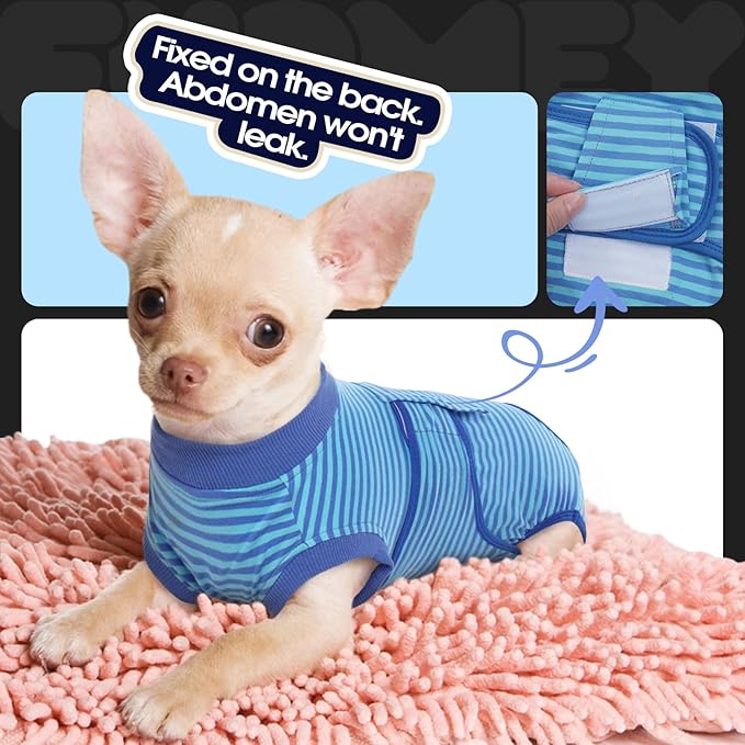 FUAMEY Recovery Suit for Dogs After Surgery,Soft Breathable Dog Bodysuit E-Collar & Cone Alternative Surgical Suit,Male Female Dog Neuter Spay Suits Anti Licking Wounds Onesie Navy Blue Strips XS