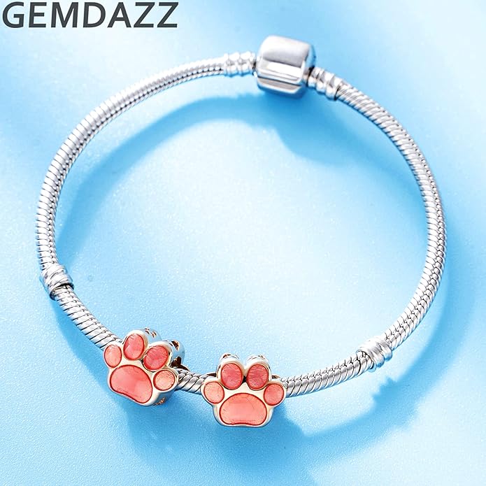 GEMDAZZ Sparkling Puppy Paw Print Charms in 925 Sterling Silver, Pave Dog Pawprint CZ Round Beads and Always in My Heart Charms, Gift for Animal Lover, fit European Women Bracelet/Necklace