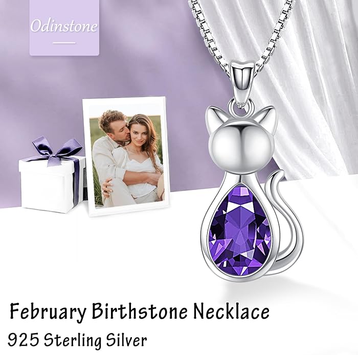 Odinstone Cat Birthstone Necklaces Jewelry Sterling Silver Cat Pendant Necklace Gift for Women Gifts, 18'' Silver Box Chain Women's Birthstone Crystal Cat Jewelry Gifts