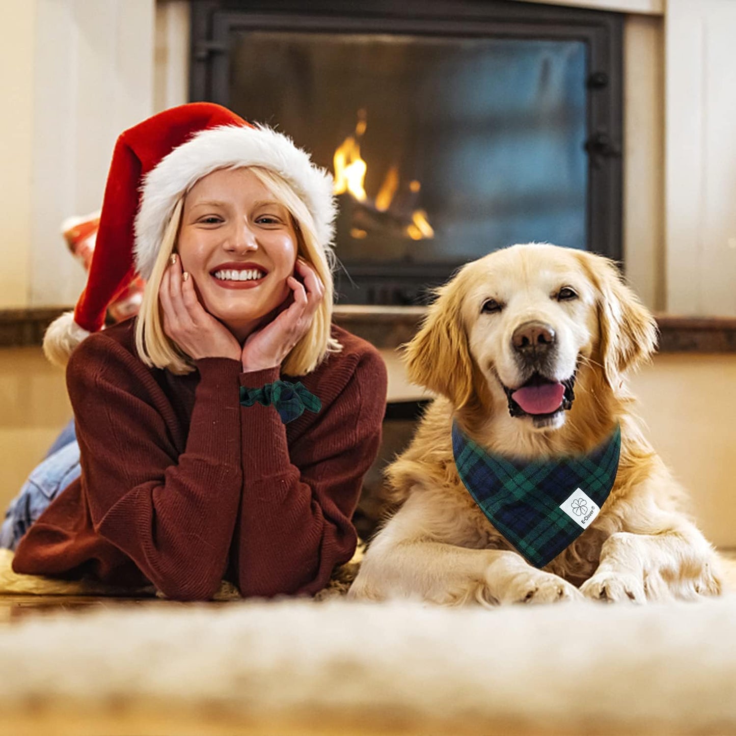 E-Clover Dog Bandanas Boy & Matching Scrunchie Set Plaid Dog Scarf Kerchief for Medium Large Dog Pet Bandana Owner Gifts Blue Green Fall