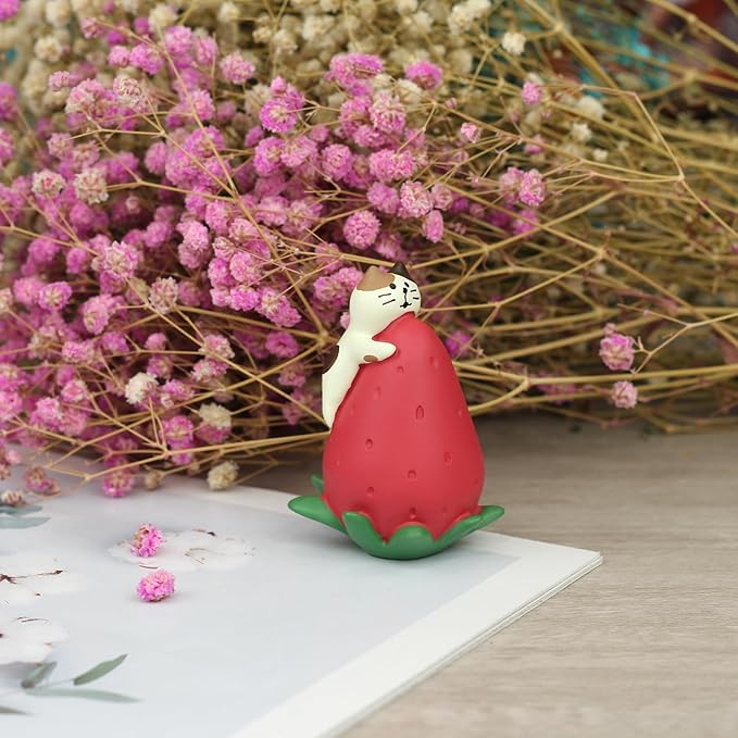 Cute Miniature Cat Figurine Resting on a Strawberry Resin Mini Cat Figures, Kitten Miniature Desk Accessories - Perfect Cute Cat Gift for Cat Lovers