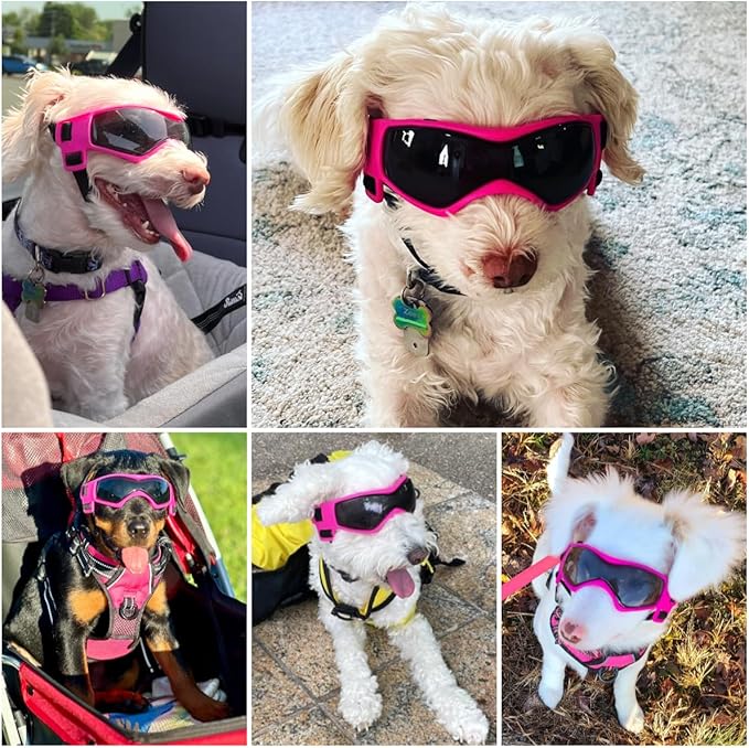 Dog Goggles Dog Sunglasses for Medium Breed UV Protection Windproof with Adjustable Head Straps Chin Straps for Ride Car/Hiking Travel/On Beach-Pink