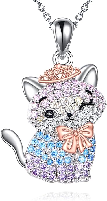 Cat Necklace Sterling Silver Cat Pendnat with Rose Quartz Pearl Jewelry Gifts for Women Cat Lovers