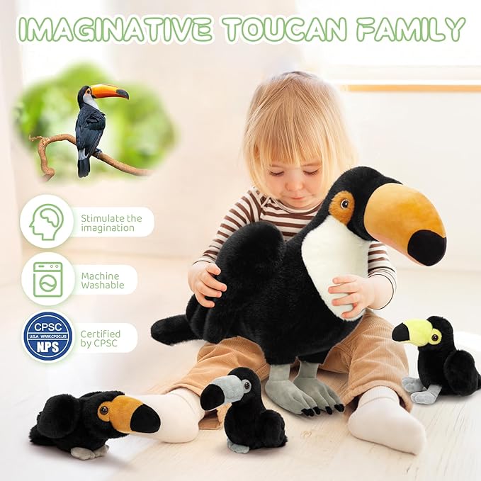 MorisMos 24" Giant Toco Toucan Stuffed Animal Mommy with 3 Baby Toucan Toys for Kid Girl Boy,Realistic Black Bird Plush with Baby Bird Toys Gift for Birthday,Tropical Rainforest Stuffed Animals Decor