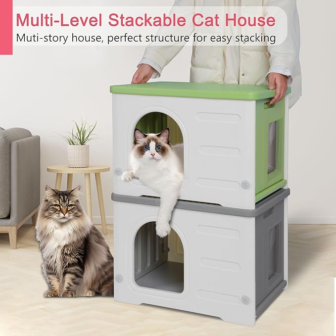 Rockever Plastic Cat House Outdoor with Escape Door, Waterproof Feral Cat House Outdoor Indoor, Sturdy Cat House for Outdoor Cats, Assemble Easily-Grey