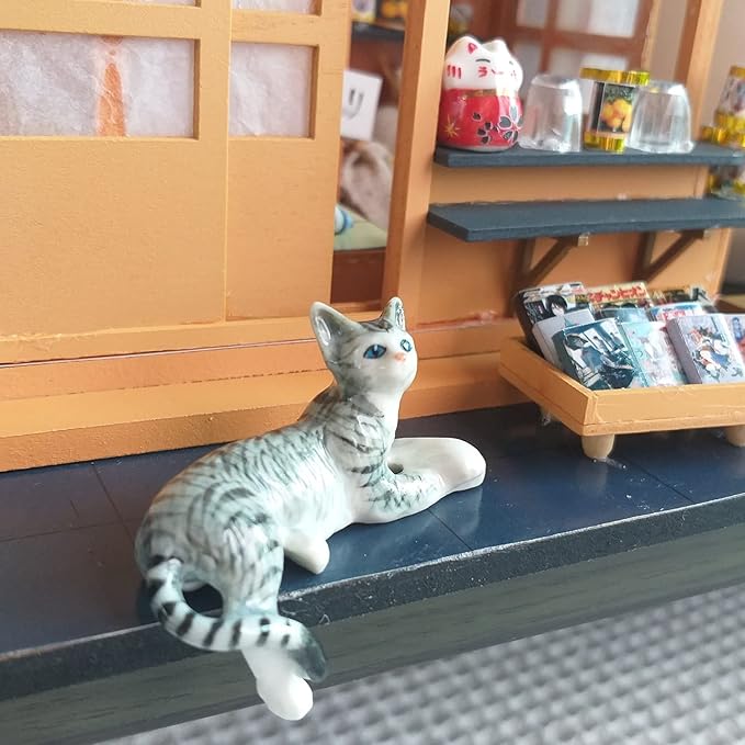 Ceramic Cat Figurine Relaxed Gray Tabby Porcelain Kitten Adorable Pet Kitty Collectible Miniatures Hand Painted Animal with Bench Home Decor or Gift