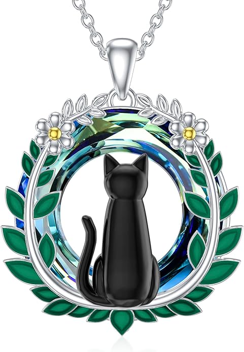 Cat Necklace for Women 925 Sterling Silver Black Cat Pendant Necklace with Crystal Cute Animal Jewelry Gift for Women