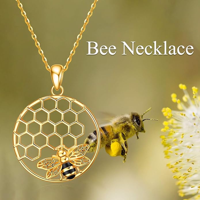 LUHE Bee Necklace 925 Sterling Silver Honeycomb Cute Flower Pendant Necklaces for Women Gifts for Her Women