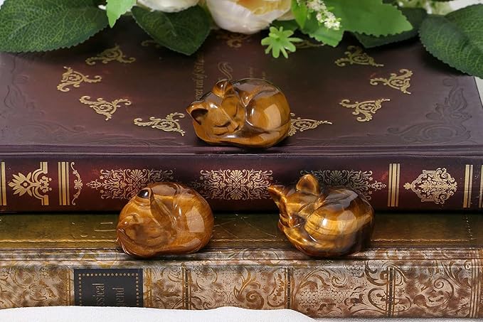 LAIDANLA Tiger Eye Cat Healing Crystals Figurine Sleeping Cat Hand Carved Cute Statue Polished Stone Sculpture Reiki Office Room Bedroom Desk Home Decoration Gifts 1.6"