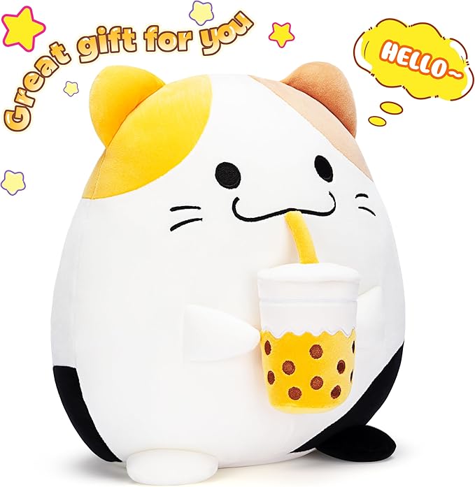 Original 12.5-inch Large Calico Cat Plush Pillow Stuffed Animal Toy,Big Size Cute Soft Fat Hugging Cuddle Huggable Plushie,Gift for Kids