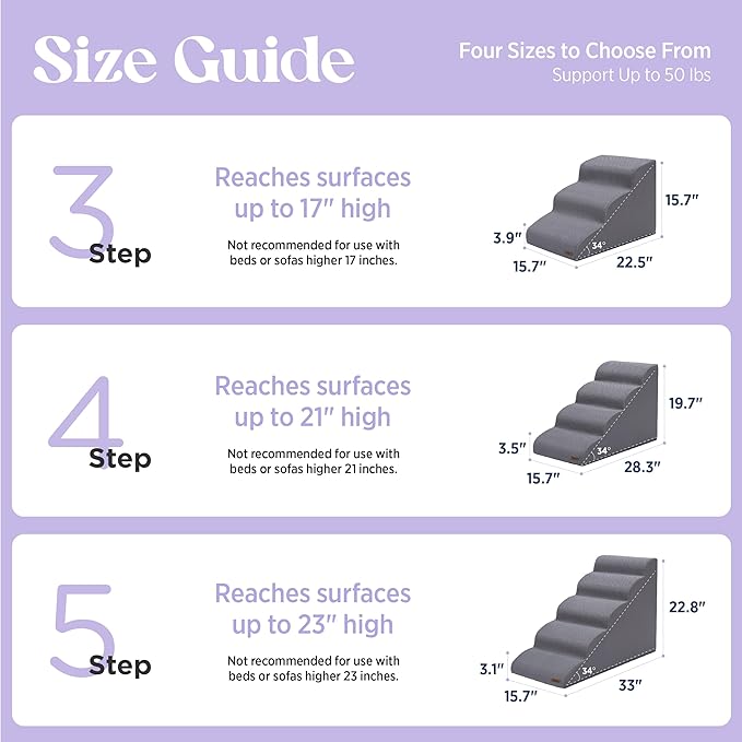 Lesure Dog Stairs for Small Dogs and Cats Pet Steps Ramp for Bed and Couch with CertiPUR-US Certified Foam with Non-Slip Bottom, Grey, 3 Steps