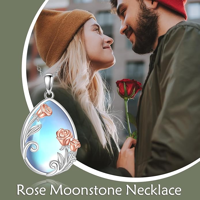 CRMAD Daisy/Black Cat/Dragonfly/Daffodil/Hummingbird/Stingray/Phoenix Feather/Rose Necklace Sterling Silver Moonstone Teardrop Pendant Necklace Flower Animal Jewelry Gifts for Women