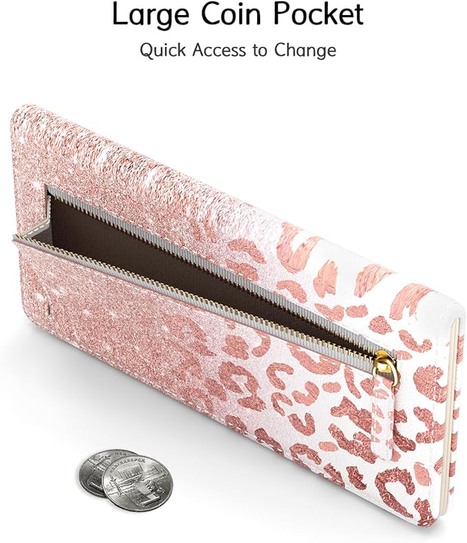 Nipichsha Womens Wallet, RFID Slim Wallets for Women, Thin Ladies Credit Card Holder Purse, Cute Leather Bifold Clutch Billfold with 11 Card Slots & ID Window, Pink Gilt