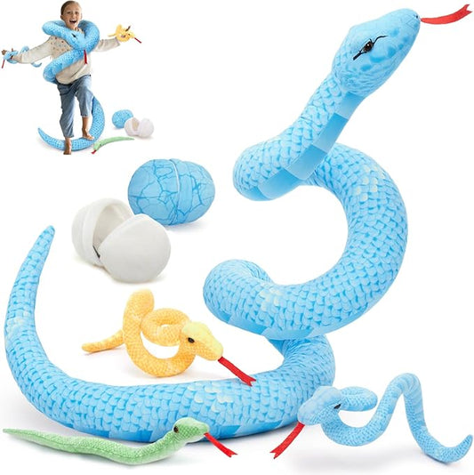 MorisMos 6 PCS Giant Snake Stuffed Animals Mommy with 3 Babies & 2 Eggs,55" Mama Stuffed Snake Toy for Kid Girl Boy,Realistic Blue Anaconda Toy,Colorful Baby Python Toys for Jungle-Themed Party Decor