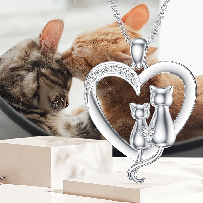 Diamond Cat Necklace for Women 925 Sterling Silver Heart Necklace Cute Cat Necklace Animal Diamond Jewelry Gifts for women Wife Girlfriend (0.065 ct t.w)