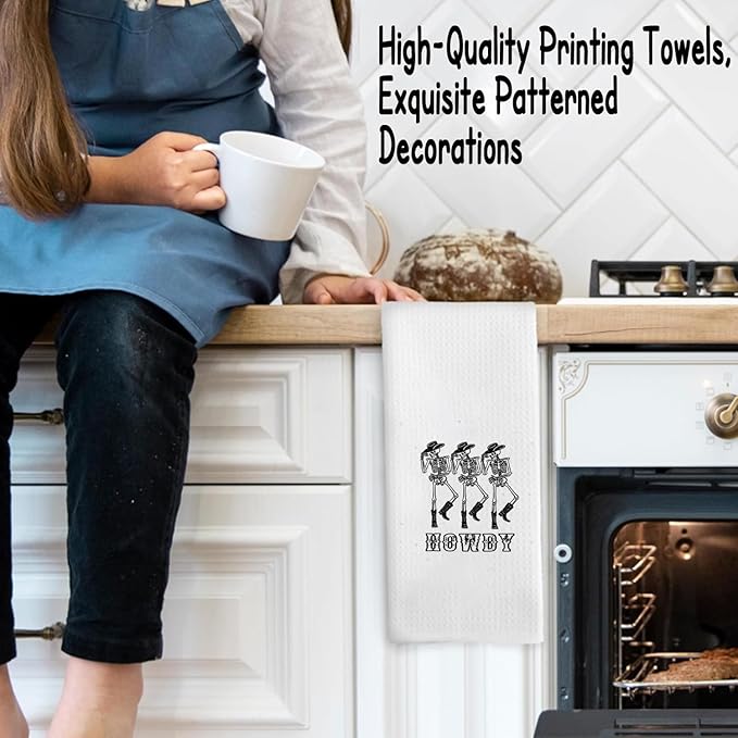 Preppy Howdy Skeleton Halloween Bathroom Kitchen Hand Decor Towels 16″×24″, Halloween Kitchen Towels Decor, Funny Skeleton Housewarming Gifts