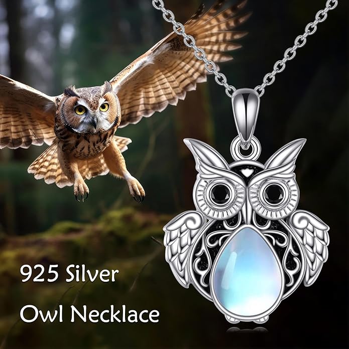 KQF Cat/Dragonfly/Owl/Angel Wings Necklace for Women Sterling Silver Moonstone Pendant Necklaces Animal Jewelry Mother'S Day Gifts for Cat Lover Teen